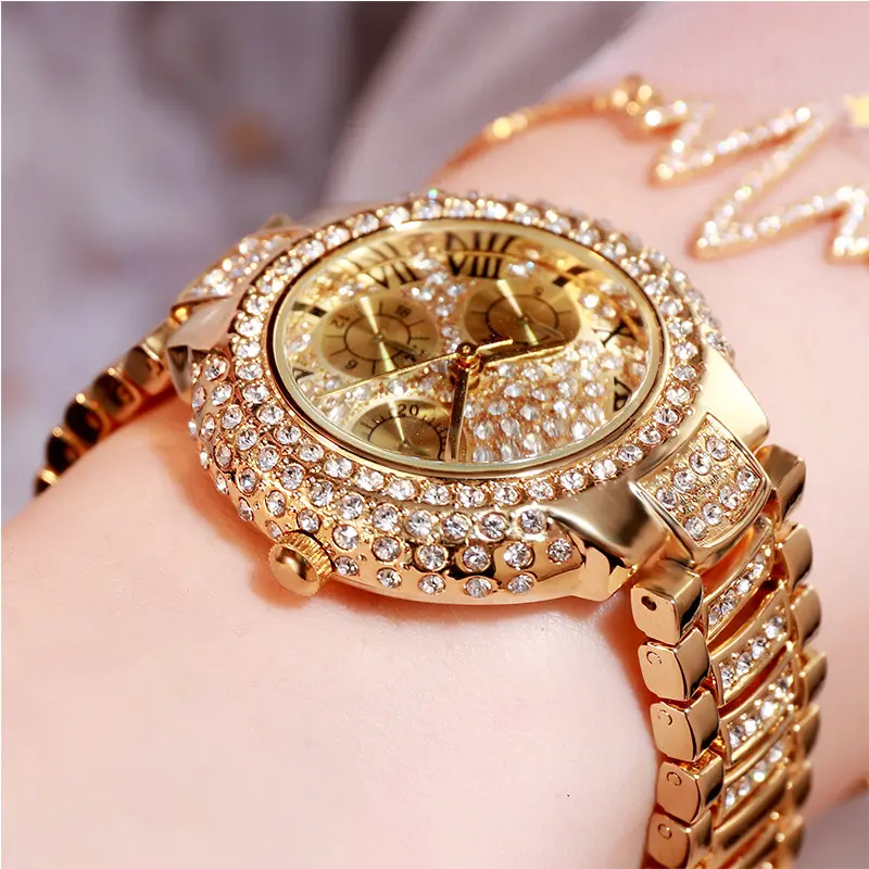 New Trendy Gold Women Luxury Sport Wrist Watch Shiny Lady Diamond Jewelry Watches Design for Girls