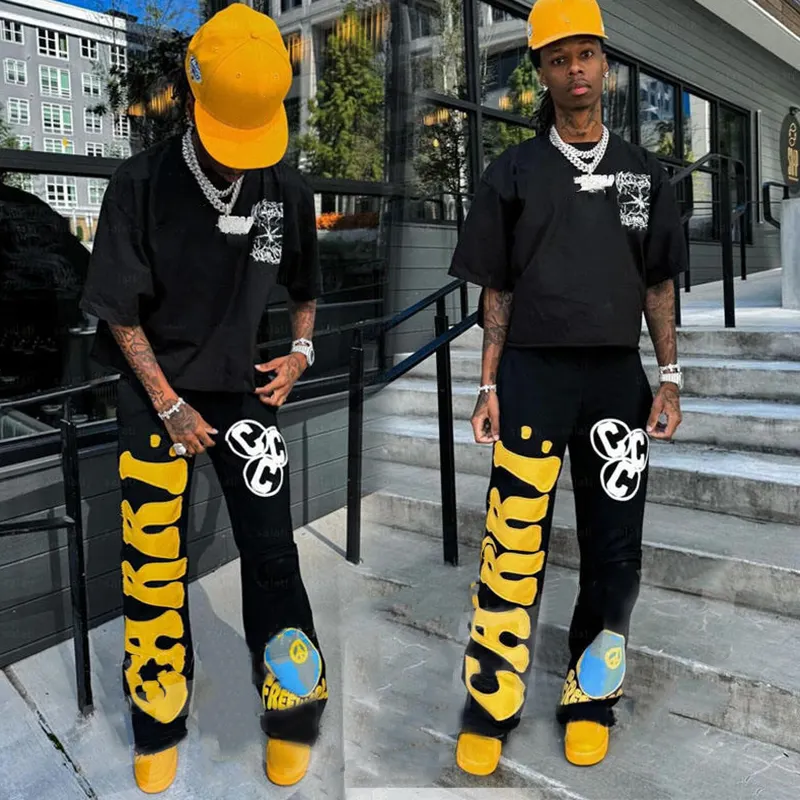 Streetwear Jean กางเกงผ้าฝ้ายหนาเย็บปักถักร้อยแพทช์ Applique Baggy ซ้อน Sweatpants Vintage Custom Denim กางเกงสำหรับชาย