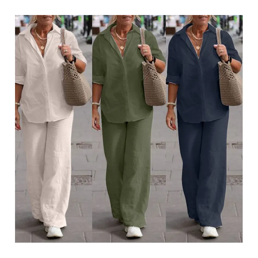 2025 New Spring Summer Women's Shirt Pants Sets Ladies Clothes Casual Fashion Linen Plus Size Two Piece Set Women Clothing