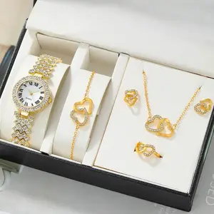 Fashion Ladies Quartz Watch 6pcs Rhinestone Jewelry Set Women's Necklace Ring Earrings Gift Without Box Leather Band PC Case