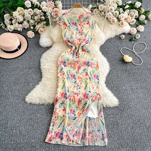 High Street Niche Printed Dresses Women Summer New Pleated Waist Slimming Sleeveless Slit Long Dress Fashion Vestidos