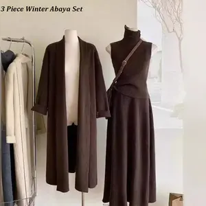 Knit Co Ord 3 Piece Winter Abaya Set with High-neck Inside Top Islamic Clothing Women Muslim Skirt Manufacturer Eid Abaya
