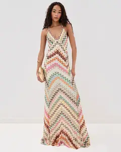 Sexy Crochet V Neck Halter Maxi Dress Women New Summer Fashion Sleeveless Backless Slim Knitted Long Dress