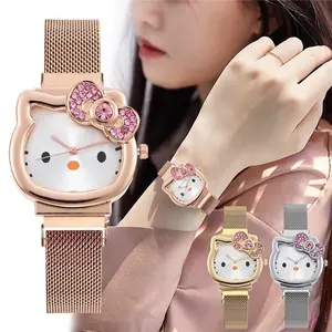Hello K Diamond Watch Cat Bow Pink Ladies Gold Sliver Metal Jewelry Cartoon Magnetic Watch Girlfriend Birthday