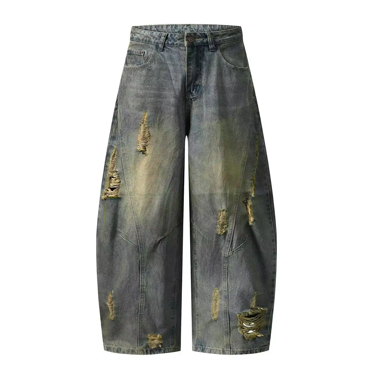 High Quality Custom Unisex Jeans American Retro Ripped Washing Baggy Wide-leg Banana Knife Pants Jeans for Men