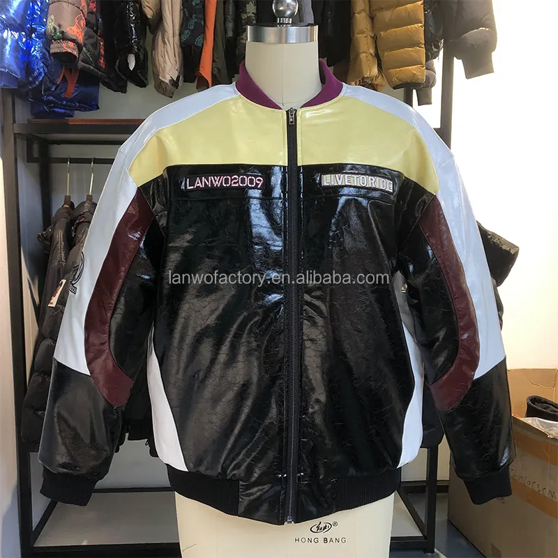 Lanwo Custom Leather Versity Jacket Oem Custom Streetwear Zipper เสื้อแจ็คเก็ตสีขาวดำ Chenille เย็บปักถักร้อย Pu หนังผู้ชายแจ็คเก็ต