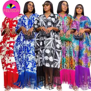 Summer African Dress Women Boubou Dashiki Ankara Outfits Fashion Print Short Sleeve Loose Tassel Maxi Dress for Dropshipping