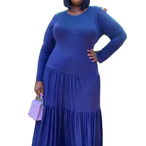 OEM Plus Size Casual Dress Fashionable and Comfortable Women Round Neck Solid Color Pleated Design Dress