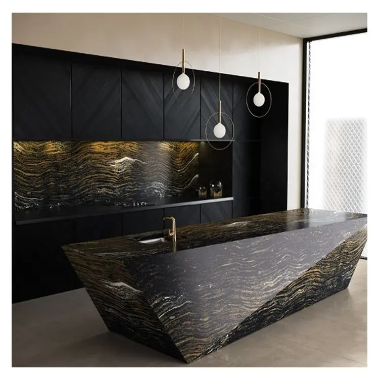 การออกแบบตู้ครัวไม้วีเนียร์เฟอร์นิเจอร์สมาร์ทหรูหราทันสมัยแบบกำหนดเองพร้อมเกาะ