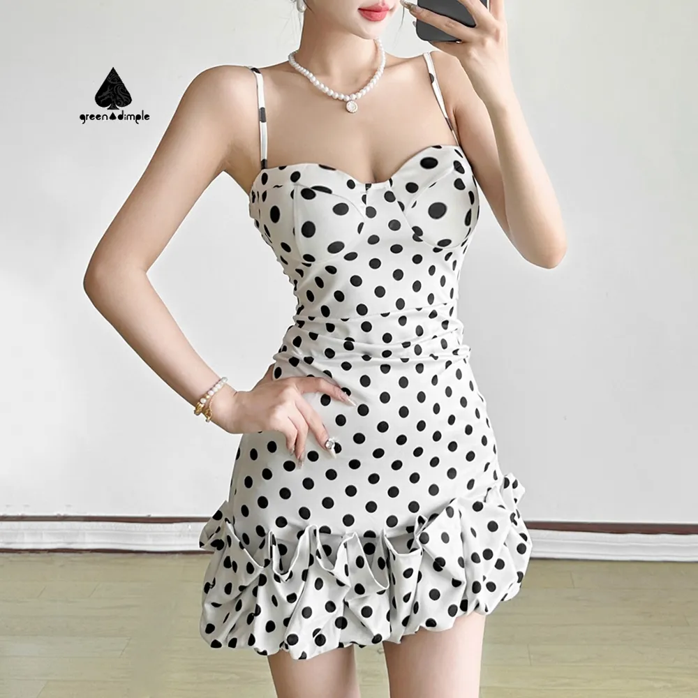 Custom Fashion Retro Summer Fashion Casual Mini Dress Women's Sexy Slim Fit Strap Polka Dot Ruffle Hem Bodycon Dress
