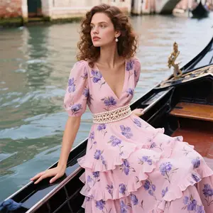 2025 Summer High Waisted Tiered Ruffle A-Line Dress Printed Cotton Linen V-Neck Zipper Draped Diamond Maxi Dresses