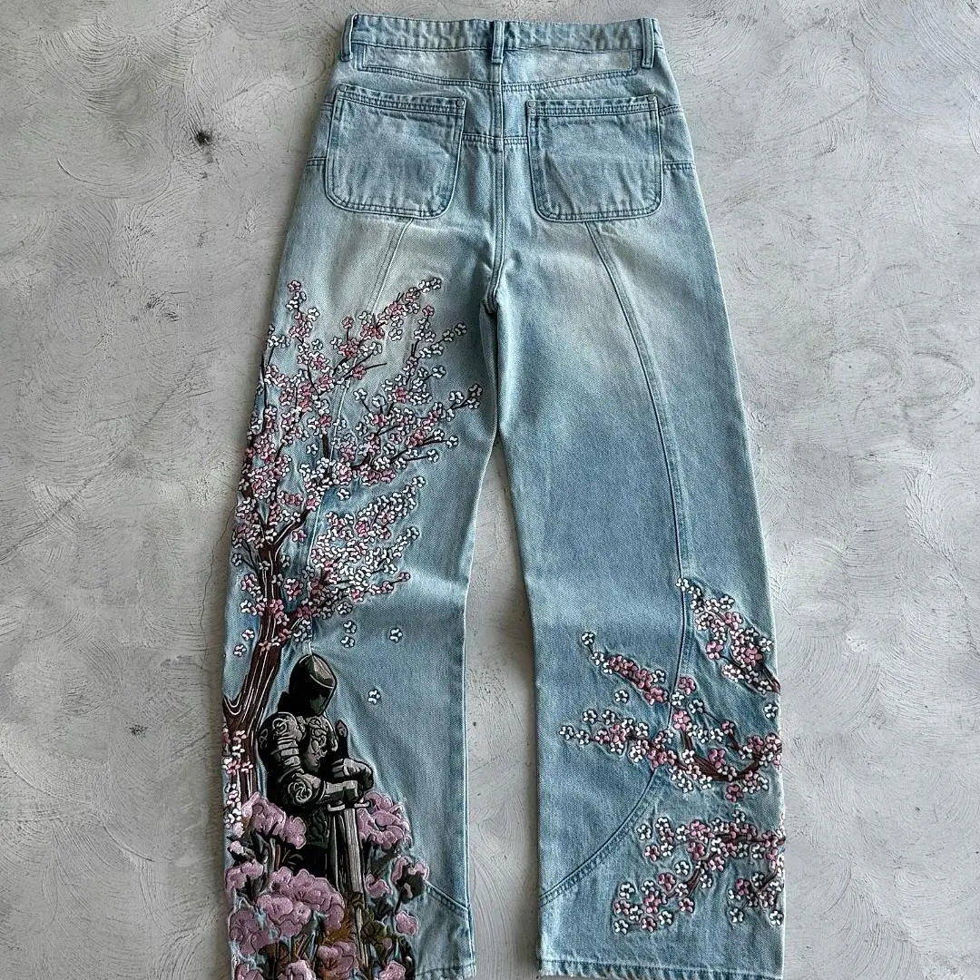 กางเกงยีนส์ผ้าฝ้าย 100% ดีไซน์ไม่ซ้ำใครสไตล์สตรีทสไตล์สตรีทของผู้ชายสั่งทำจากโรงงาน - ปรับแต่งได้ด้วยการพิมพ์/งานปัก และงานหัตถกรรมอื่นๆ