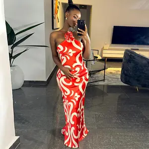 RedPeony 2025 Autumn Lady Evening Party Chic Dresses Women Elegant Sleeveless Robe Fashion Print Halter Maxi Dress