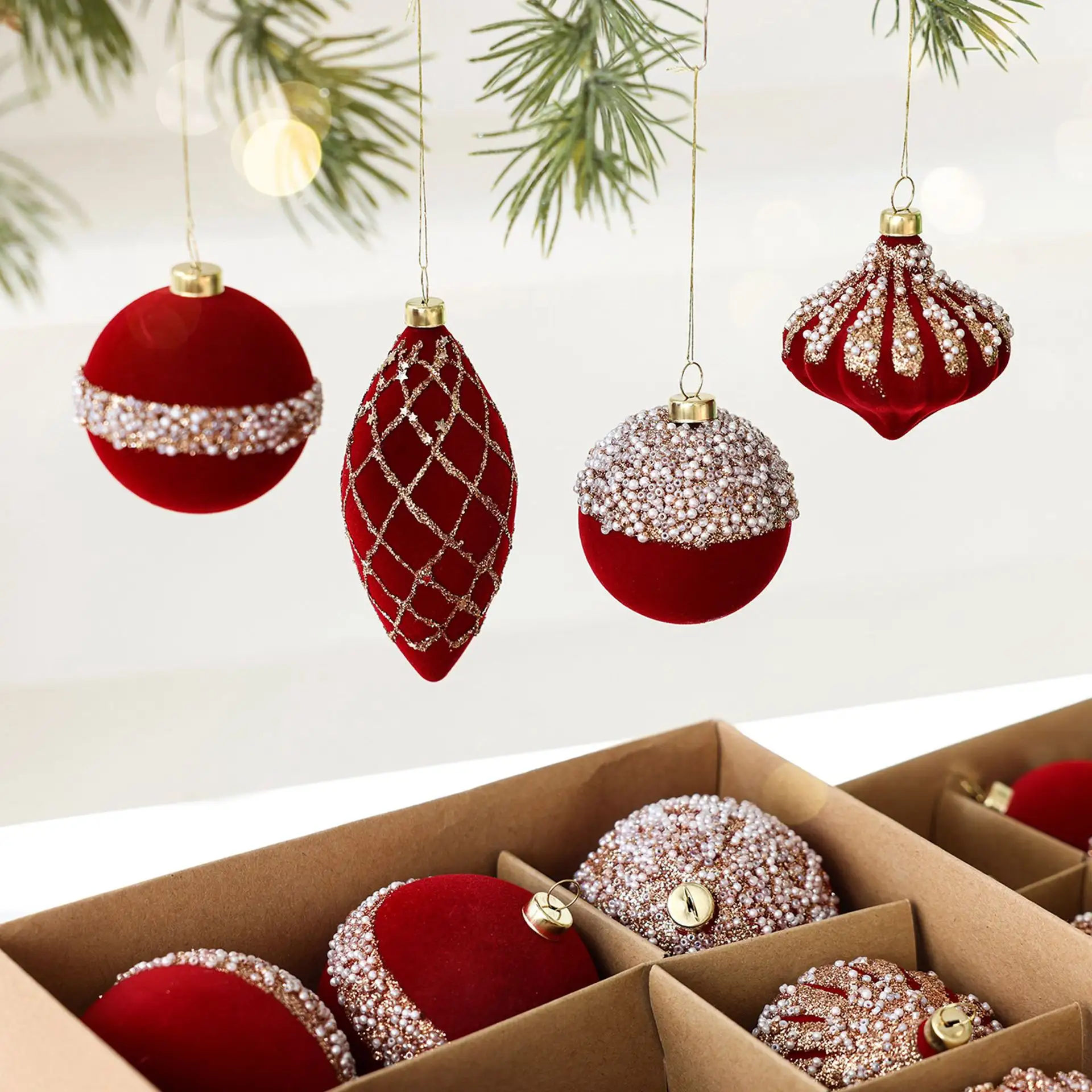 Christmas Ornaments 6/8CM Onion Flocking Painting Ball Plastic Exquisite Wind Style Ceiling Hanging Decoration Box
