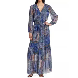 Manufacturer Custom Women's Retro Chic Casual Boho Vintage Elastic Waist Printed Button-Front V-neck Maxi Dress