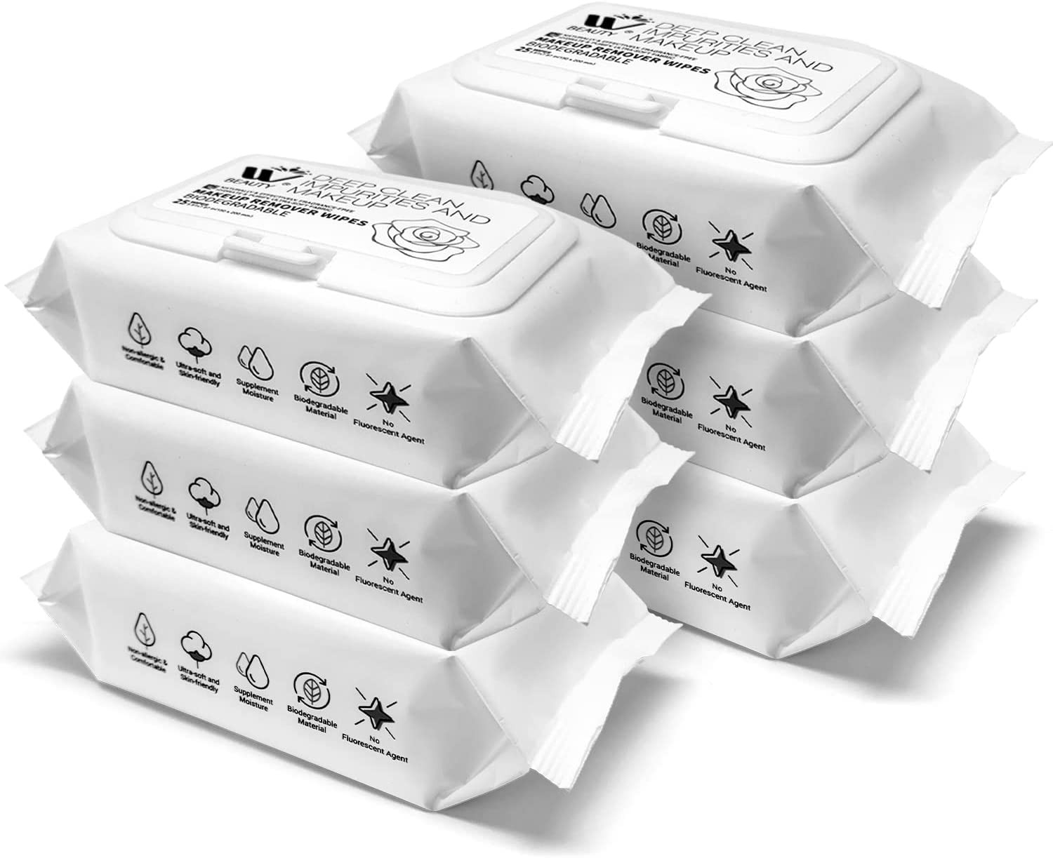 可沖洗濕巾，去除污垢、油脂和清潔雜質，超柔軟棉織物，無香精，面部濕巾，25 片（6 件裝）