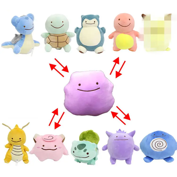 ขายส่ง 8 รูปแบบ Peluches REVERSIBLE Ditto Plush ของเล่นสำหรับเด็ก Charmander Gengar Squirtle Bulbasaur Snorlax Lapras Poke Plush