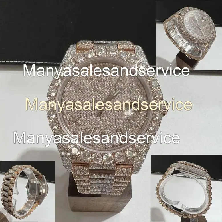 Custom VVS1 Moissanite Round Diamond Iced Glass Dial Stainless Steel Bracelet Clasp 10 Bar Water Resistance Men's Luxury Watch