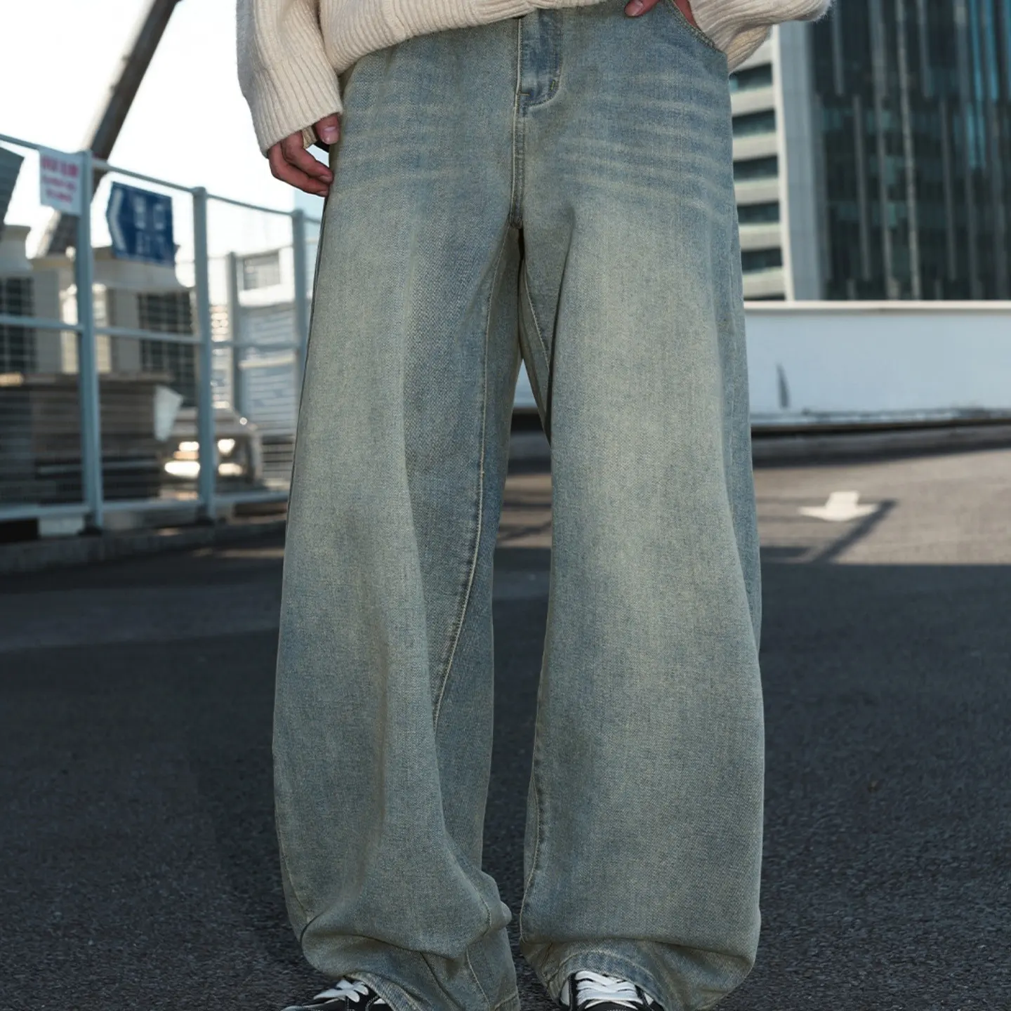 Vintage Washed Distressedขาตรงกางเกงยีนส์ผู้ชายRelaxed Fit RetroใบมีดตัดDenimกางเกงUrban Streetwear Solidฤดูหนาว 3Dพิมพ์