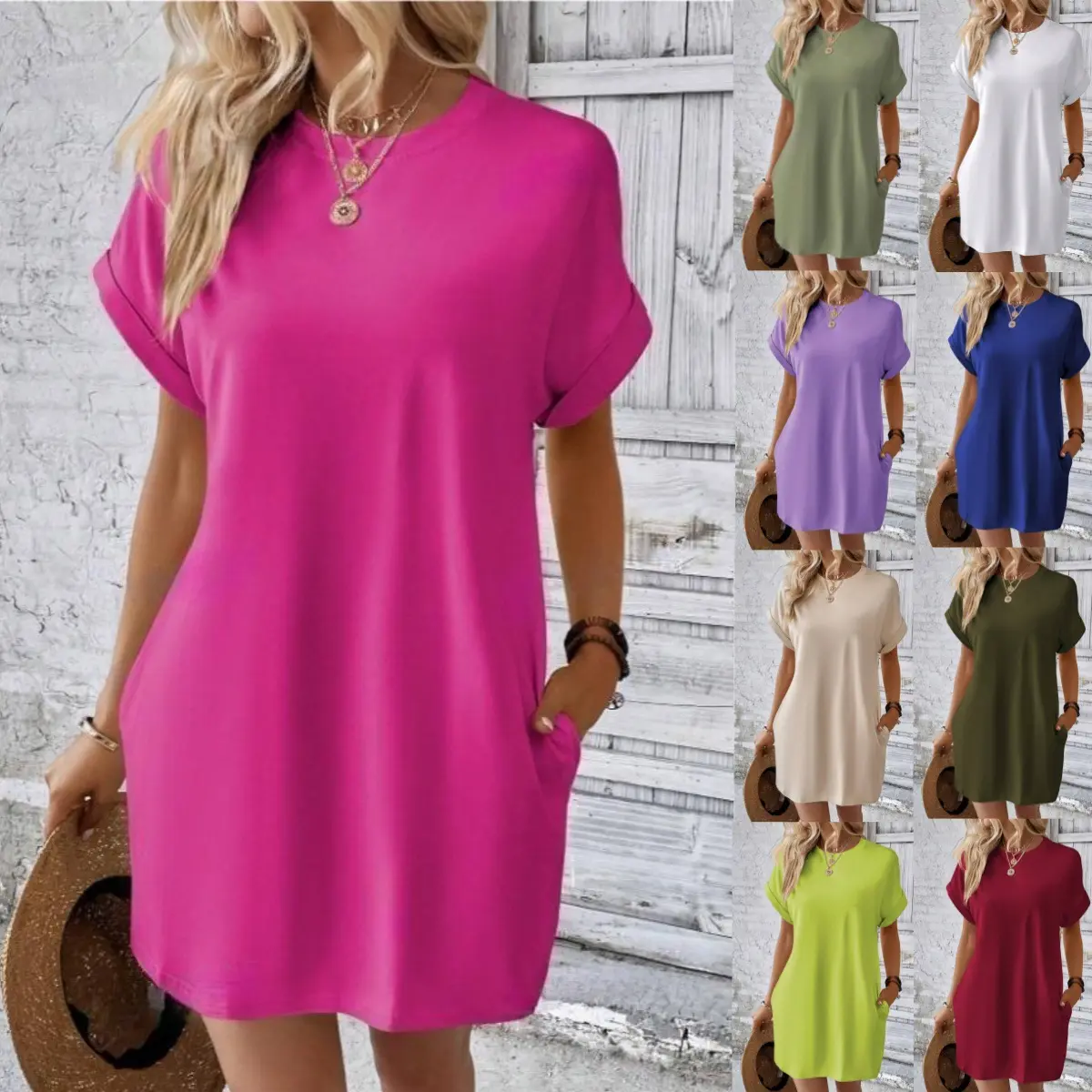Women's Clothing Women's New Casual Cotton Dress with Round Neck Bat Sleeve Invisible Pocket Solid Color