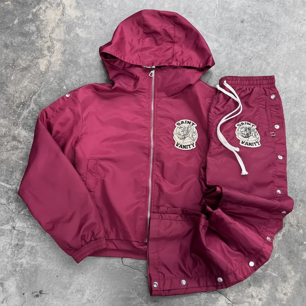 เสื้อผ้าที่กำหนดเองเสื้อกันลมแจ็คเก็ตและกางเกงติดตามไนลอนที่ถอดออกได้ซิปขึ้นไนลอน Sweatsuit ชุดผู้ชายเสื้อกันลมวอร์ม