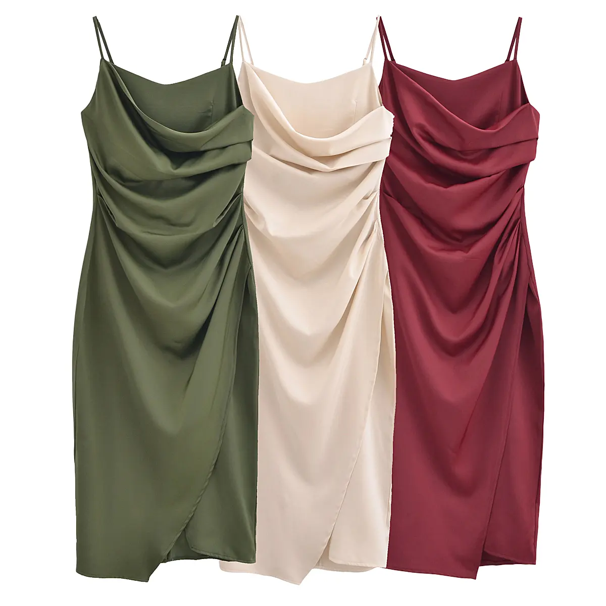 Backless Front Slit Pleated Solid Color Spaghetti Strap Collarless Summer Casual Breathable Women Mid Dresses