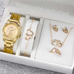 Popular 5PCS Women's Watch Set Fashionable Double Love Water Diamond Alloy Jewelry Inlaid Diamond Women's Watch