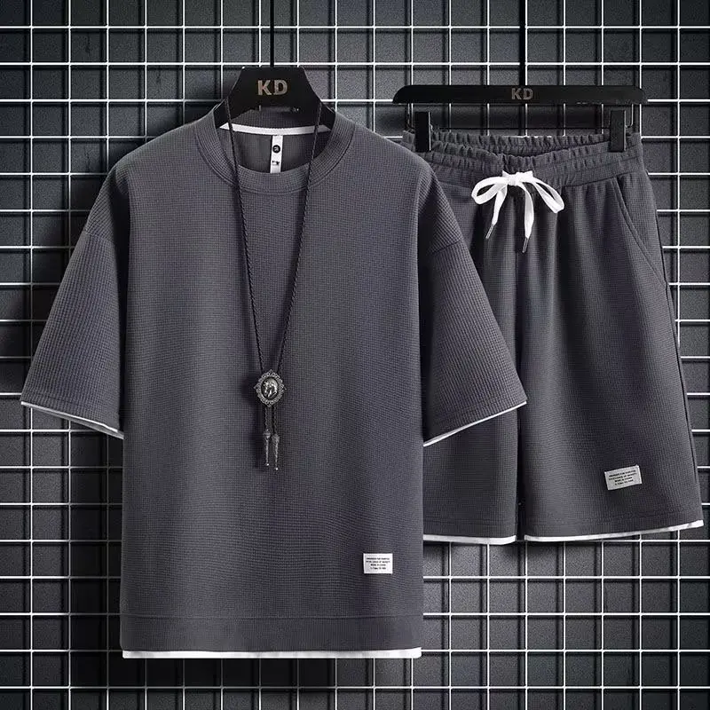 Wholesale Fashion Men's Summer Set Breathable Solid Summer Clothing Plus Size Men's Sets Men's t Shirt and Shorts Sets