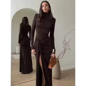Long Sleeve Draped Bandage Bodycon Club Long Dress Women Fashion Turtleneck Thigh High Split Sexy Maxi Dress