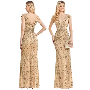 Elegant Slit Evening Dress Women Long Mermaid Formal Sequin V-Neck Wedding Party Prom Champagne Sequin Evening Dress