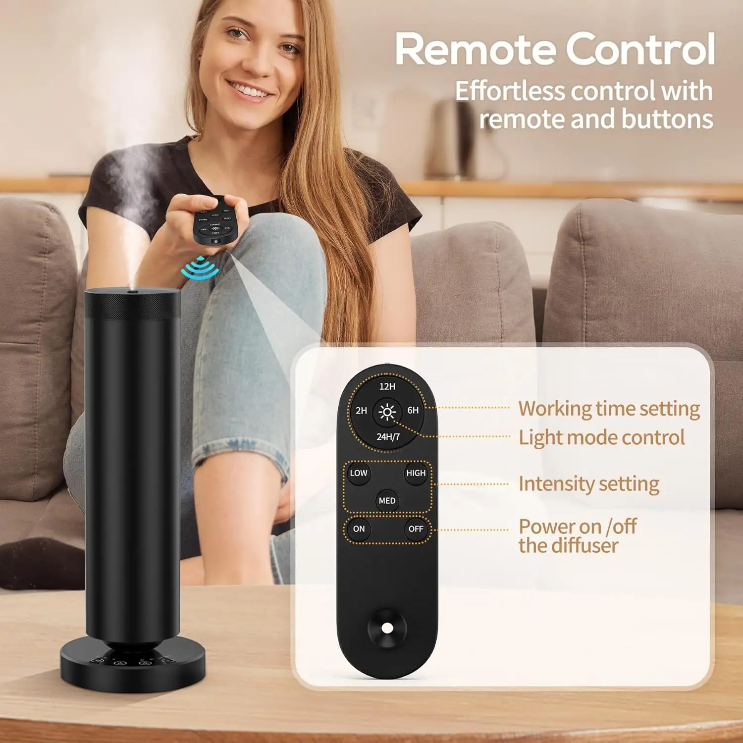 การออกแบบอัจฉริยะ Waterless Tower Scent Diffuser พร้อมรีโมทคอนโทรลแบตเตอรี่ในตัว 4000mAh และแสงโดยรอบสำหรับการตกแต่งบ้านสมัยใหม่