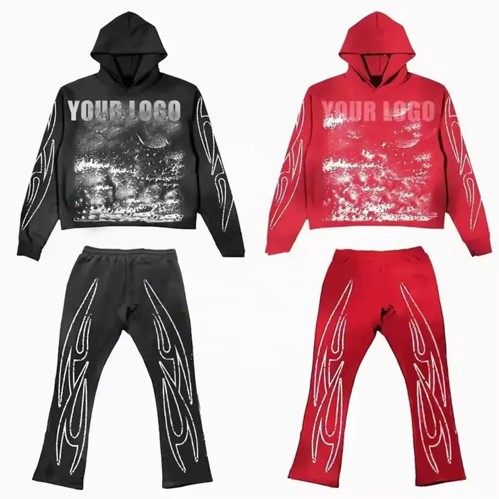 2025 Men's Custom PlusขนาดAcid Washฤดูหนาวชุดเฮฟวี่เวทDTGผ้าไหมหน้าจอพิมพ์HoodieเทคนิคRhinestone Solid