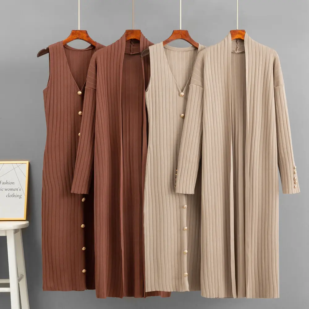 Ladies Suit Knitted Twinset V Neck Sleeveless Midi Dress Long Sleeve Cardigan Women's Clothing