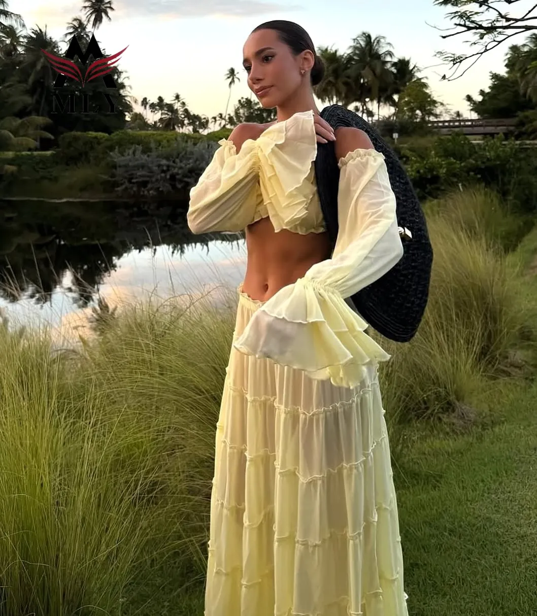 Customized Long Sleeve Strapless Crop Top Two Piece Swimwear Beachwear Sexy Casual Ruffle Beach Cover up Dress