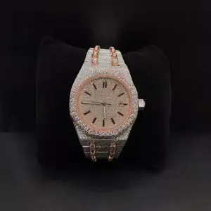 Unisex Luxury Classic Quartz Movement Glass Dial Date Dial Diamond Watch Rose Gold Band Full Iced Out Lab Grown Diamonds
