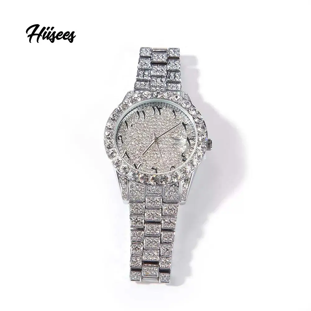 Iced Out Round Sparkle Diamond Quartz Watch Men Women Wrist Luxury Bling Cubic Zirconia Watches Hip Hop Jewelry