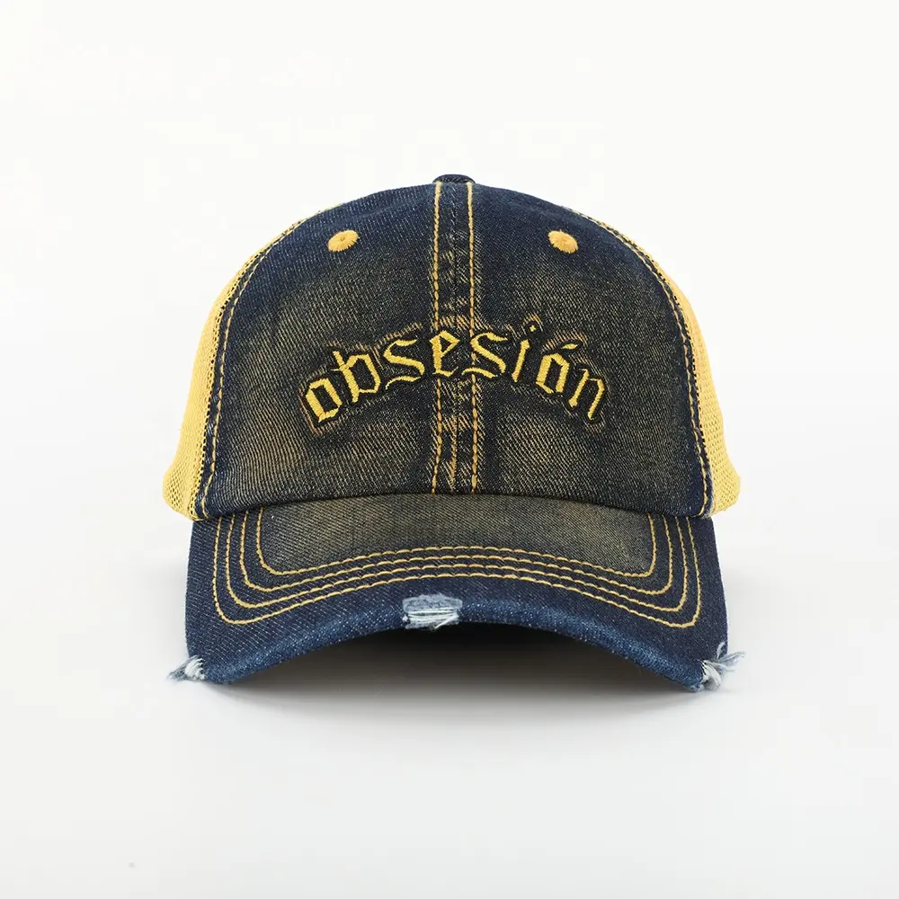 CUSTOM คุณภาพสูง 6 แผงเย็บปักถักร้อยโลโก้ล้าง DENIM Gorras,สวมใส่ตาข่ายเบสบอลหมวก, กางเกงยีนส์หมวกพ่อ