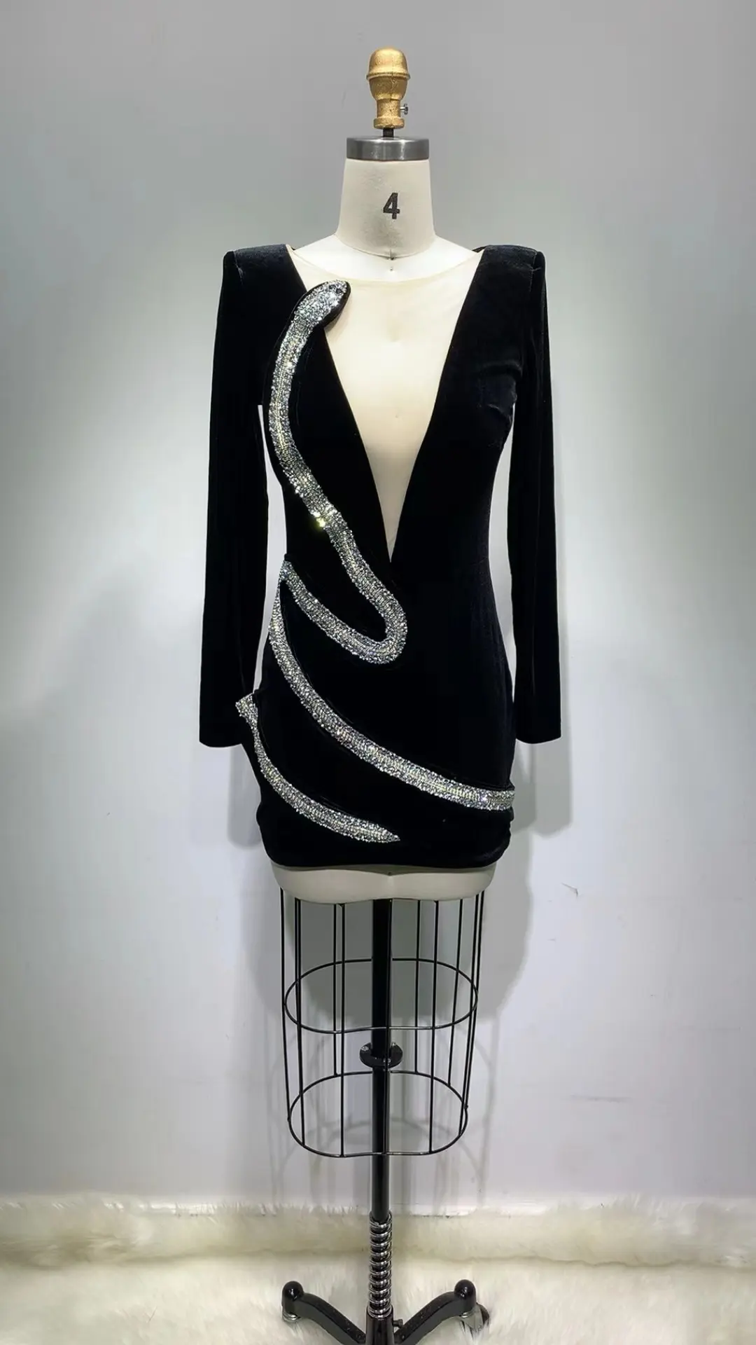 ED2292 Kimshein Black Girl Luxury Dresses Long Sleeve Mesh V Neck Velvet Snake With Crystal Vestidos Party Evening