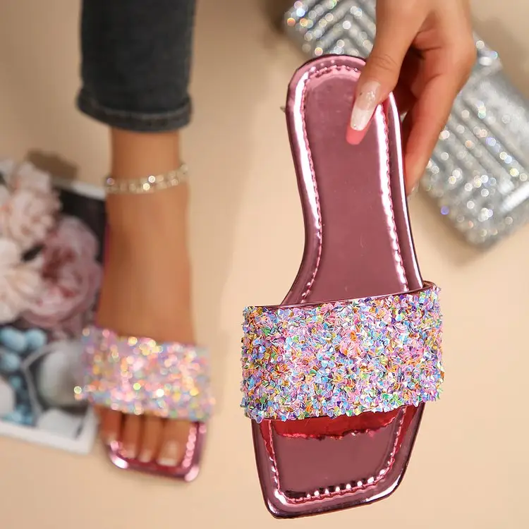 526 ใหม่ชิ้นเดียว Rhinestone ผู้หญิงรองเท้าแตะสำหรับฤดูร้อนสวมใส่กลางแจ้ง, เปิดนิ้วเท้านุ่ม Soled ก้นแบนรองเท้าชายหาดสตรี