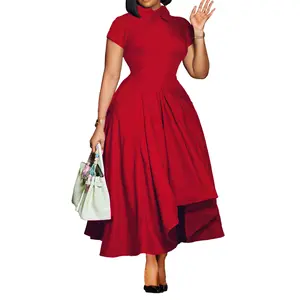 New Women Summer Fashion Dress Short Sleeve High Waist Ruched A-line Dress African Lady Elegant Evening Party Banquet Dress