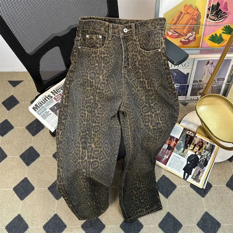 Customized Retro High Street Leopard Pattern Denim Trousers Wide Leg Jeans for Men
