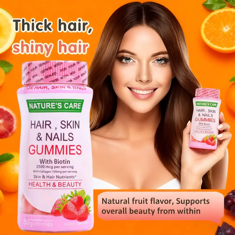 Hot Selling Private Label Glow Skin Beauty Gummies Vitamin Biotin Gummies for Hair, Skin, Nails Strawberry Whitening Gummies