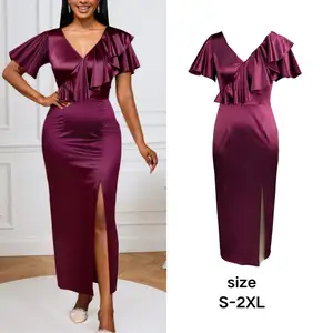 Ocstrade Fashion Clothing Slit Burgundy Evening Gown Dresses Women V Neck Ruffle Short Sleeve Women's Plus Size Party Dresses