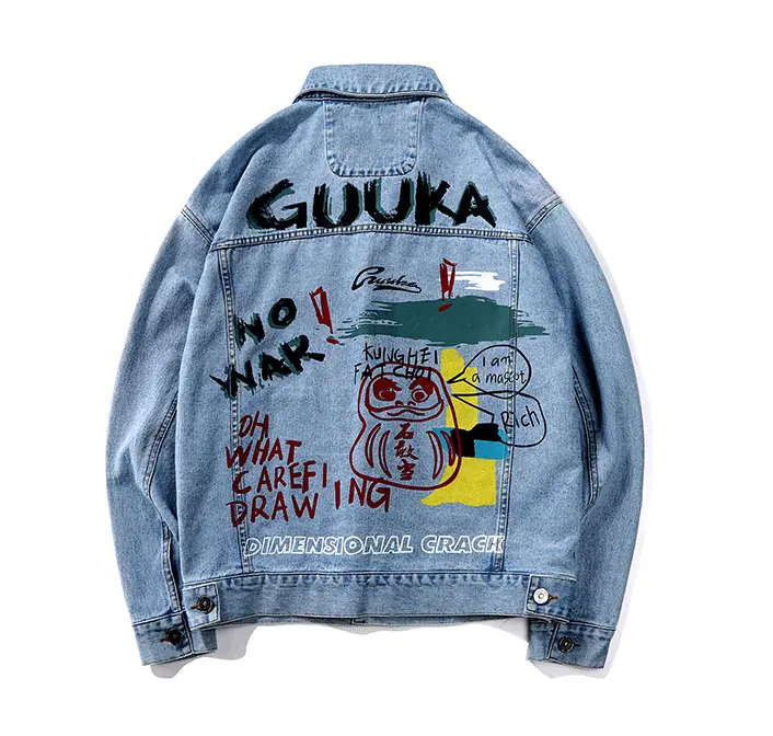 แจ็คเก็ตยีนส์คุณภาพสูงสุดพิมพ์ดิจิตอลแบบกำหนดเอง MOQ ต่ำสำหรับผู้ชาย