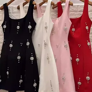 Light Luxury Chinese Empire Waist Solid Sexy Party Diamond Square Collar Knee-Length Slim Fit Dress 2025 New Boutique Clothing