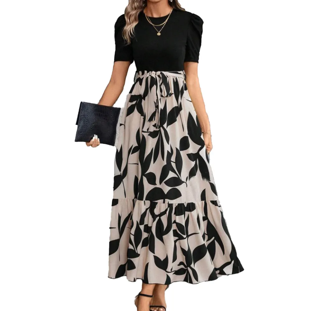 Wisrise Fashion Floral Printed Round Neck Dress Elegant Vacation Style Midi Dress