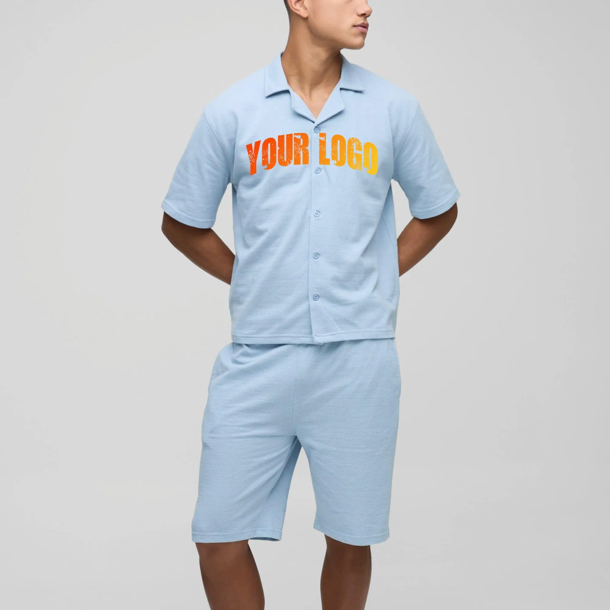 Summer casual wear Men's Clothing Outfit Two Piece shirt & Shorts set Street wear custom screen printed logo men's tracksuit