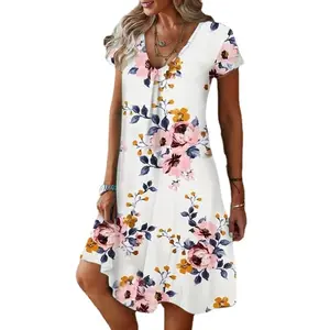 Women's Party Formal V-Neck Summer Dress Long Knee Floral Printed Full Digital Loose Fit Short Sleeved Woven Breathable