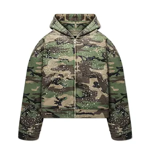 Factory Custom High Quality Oversize Street Wear Pearl and Rhinestone Drop Shoulder Zipper Trendy Essential Hoodie for Men