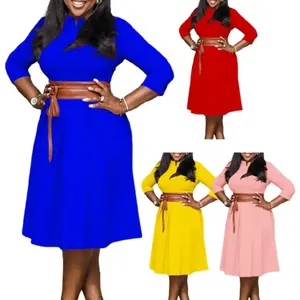 Latest Design Autumn Dress for Women Solid Color Elegant Dresses Women Casual Dresses With Belt